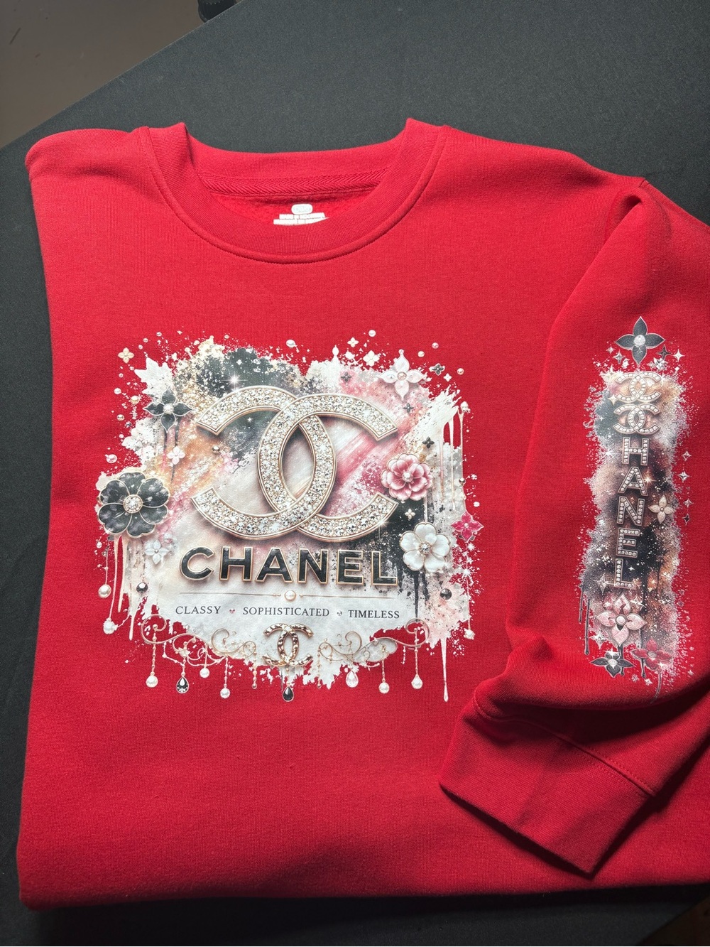 NEW , DTF PRINT , NOT CHANEL  Red Embellished Crewneck Sweatshirt